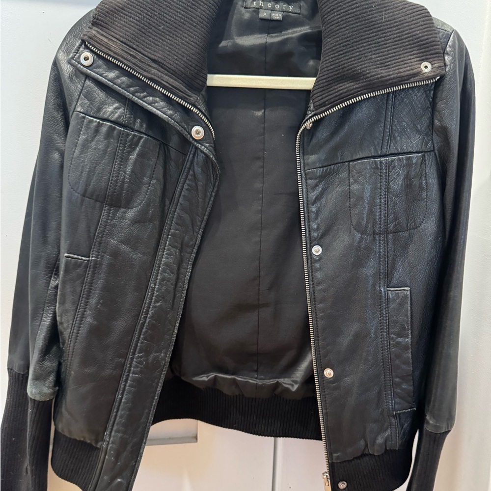 Theory black high neck leather bomber jacket